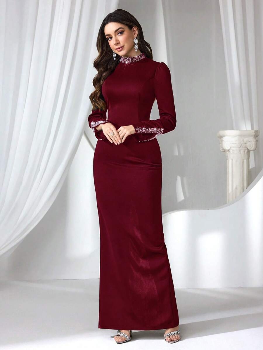 SHEIN Coutiva فستان سهرة ماكسي أنيق مرصع بالراين ستون والؤلؤ