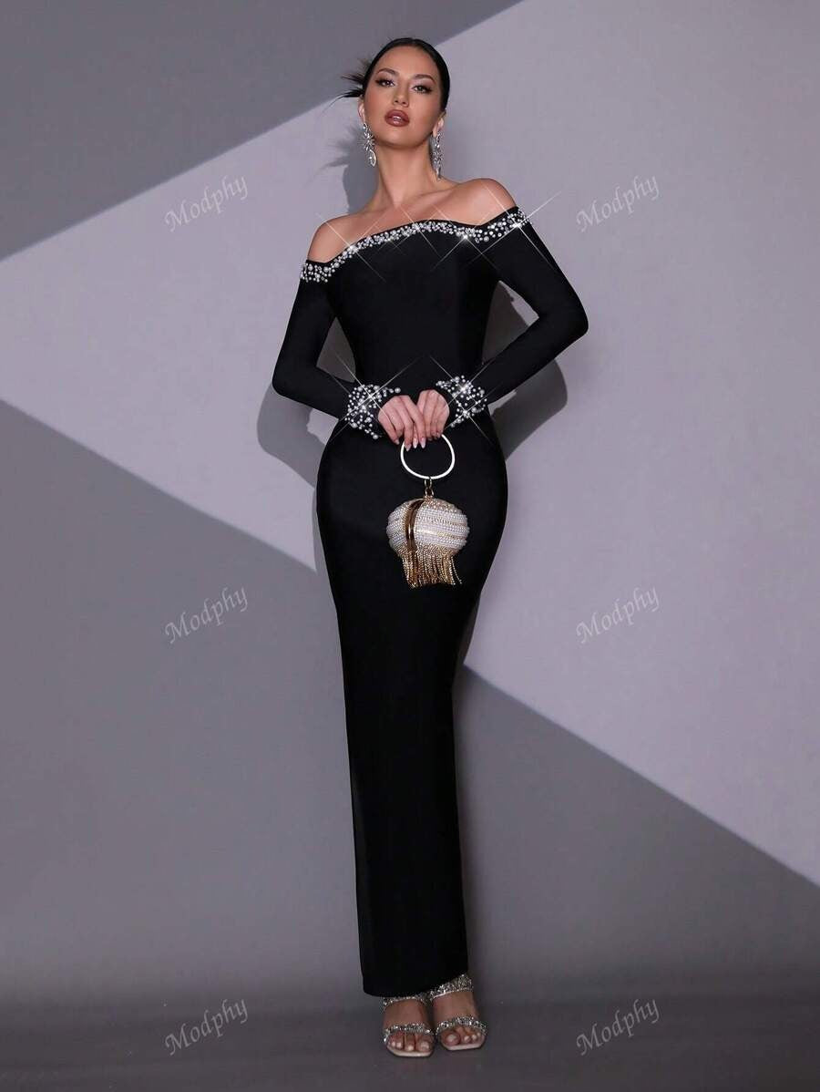 SHEIN Modphy فستان أسود أنيق بترتر ولمعة مع أكمام طويلة تكشف الكتفين