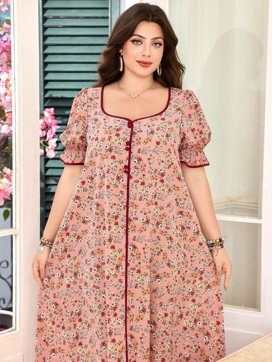 SHEIN فستان واسع بنقشة زهور برقبة مربعة وأكمام منتفخة