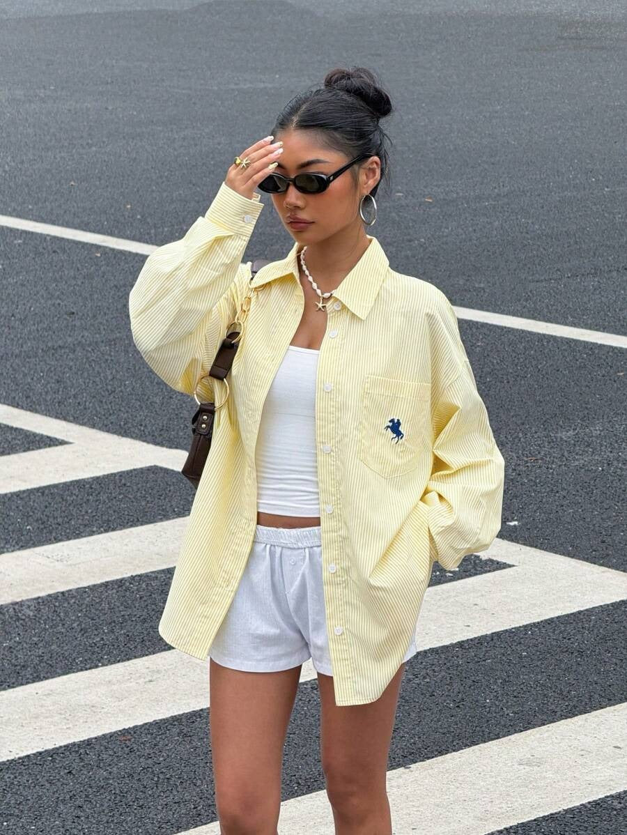 SHEIN Muchica بلوزة كاجوال فضفاضة وأنيقة بلون أصفر