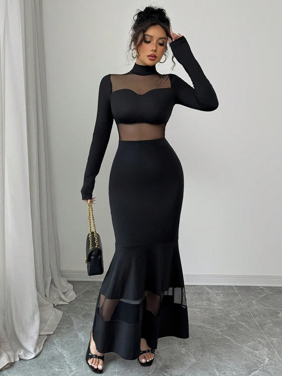 SHEIN Chiquease فستان شفاف بلون أسود بشبك مخملي