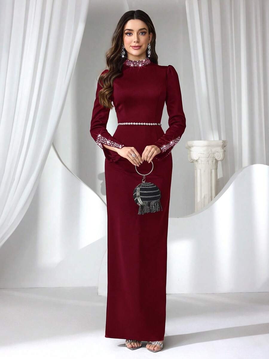 SHEIN Coutiva فستان سهرة ماكسي أنيق مرصع بالراين ستون والؤلؤ