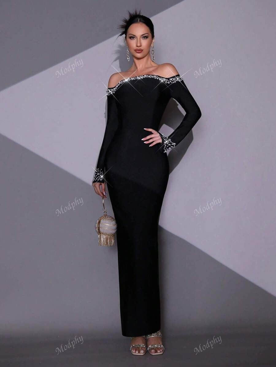 SHEIN Modphy فستان أسود أنيق بترتر ولمعة مع أكمام طويلة تكشف الكتفين