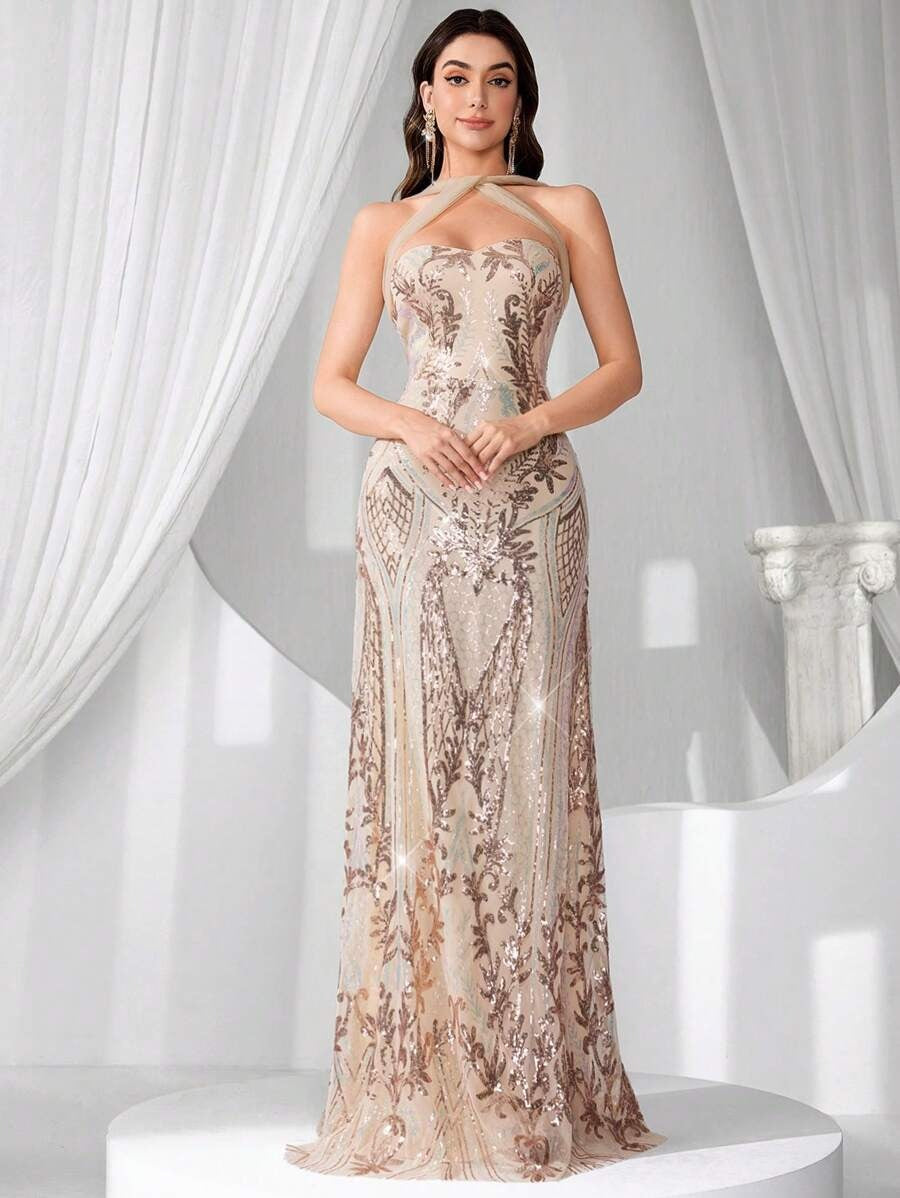SHEIN Coutiva فستان ماكسي أنيق بلون مشمشي