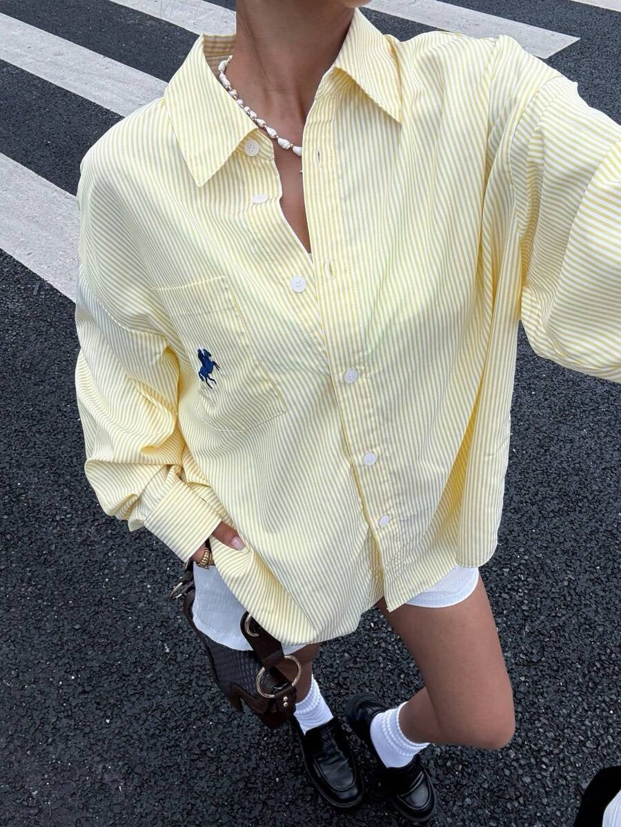SHEIN Muchica بلوزة كاجوال فضفاضة وأنيقة بلون أصفر