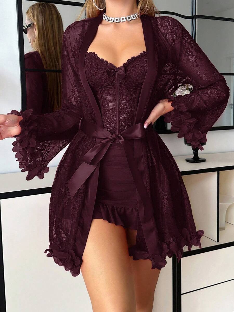 SHEIN فستان نوم وردي كستنائي مع رداء دانتيل