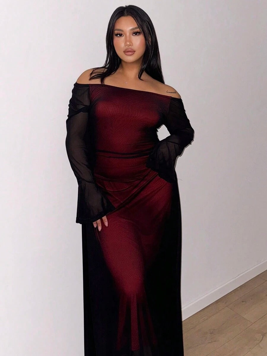 SHEIN فستان أنيق أحمر بطبقة شبكية على الكتف وأكمام طويلة
