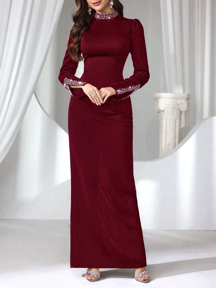SHEIN Coutiva فستان سهرة ماكسي أنيق مرصع بالراين ستون والؤلؤ