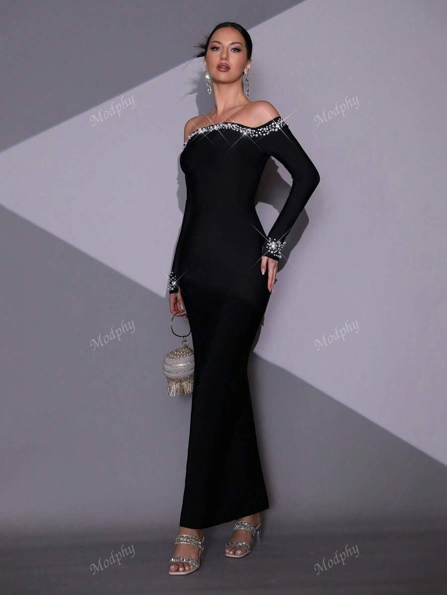 SHEIN Modphy فستان أسود أنيق بترتر ولمعة مع أكمام طويلة تكشف الكتفين