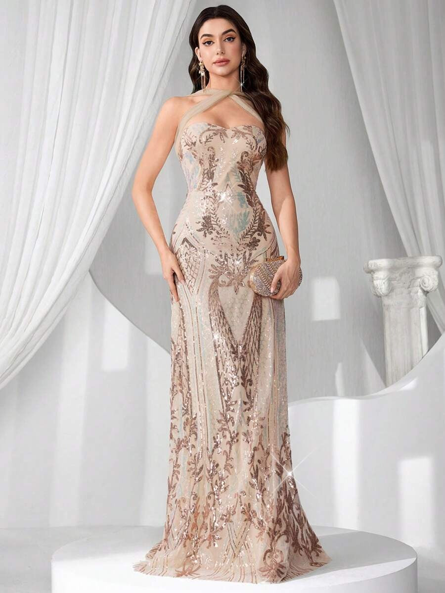 SHEIN Coutiva فستان ماكسي أنيق بلون مشمشي