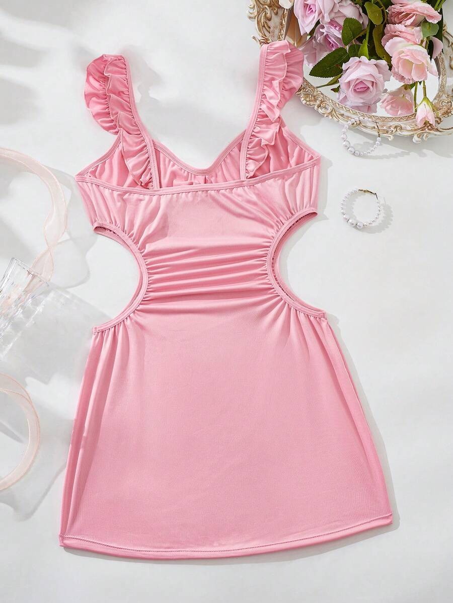 SHEIN فستان نوم حريري وردي بكشكشة ناعمة