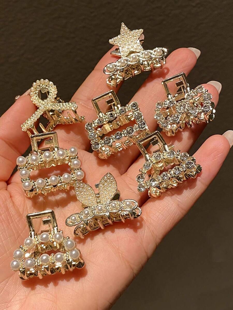 SHEIN مجموعة 10 قطع مشابك شعر معدنية مرصعة بالراين