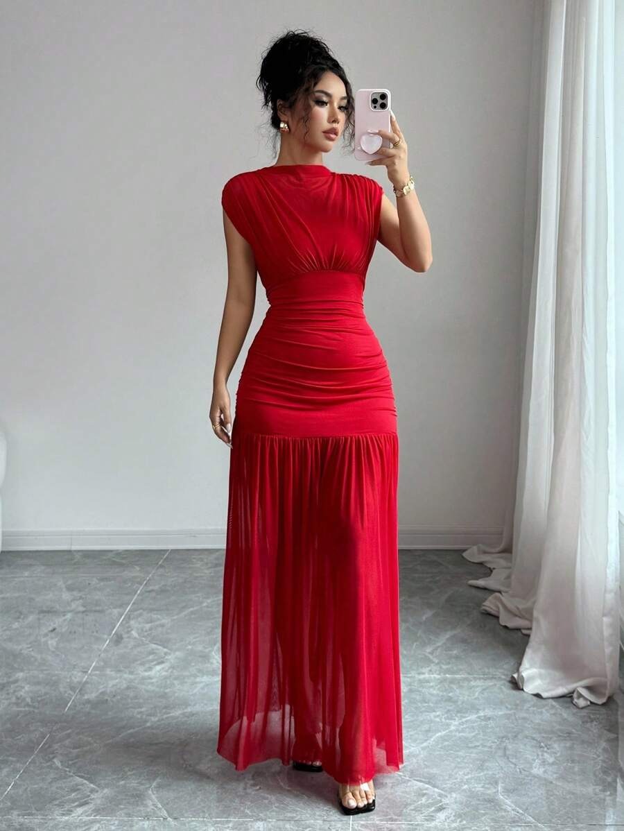 SHEIN Elenzga فستان ماكسي احمر بدون أكمام وشبك عند الخصر