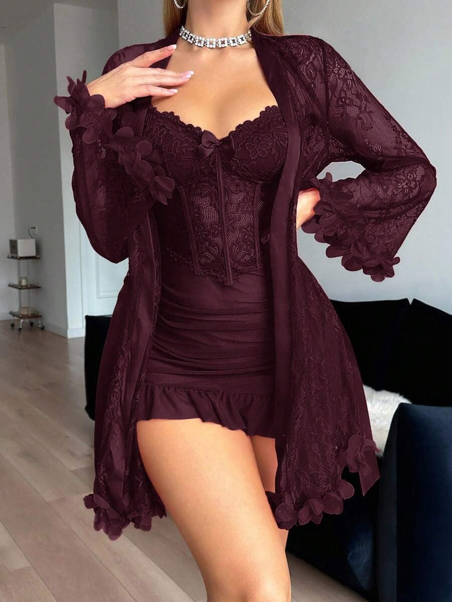 SHEIN فستان نوم وردي كستنائي مع رداء دانتيل