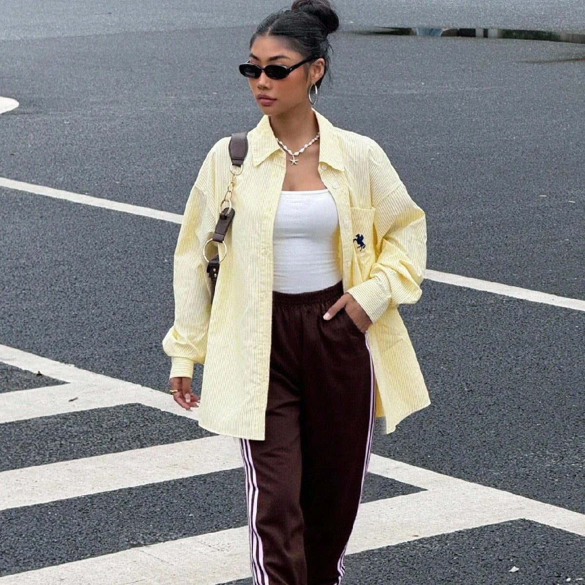 SHEIN Muchica بلوزة كاجوال فضفاضة وأنيقة بلون أصفر