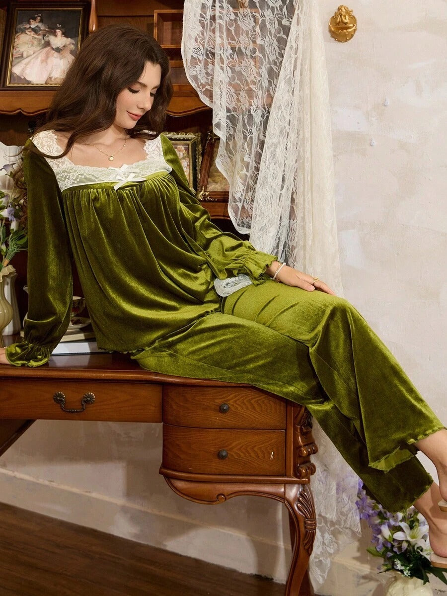 SHEIN Côtesoire طقم بيجامة اعمة من قطعتين بلون أخضر أفوكادو