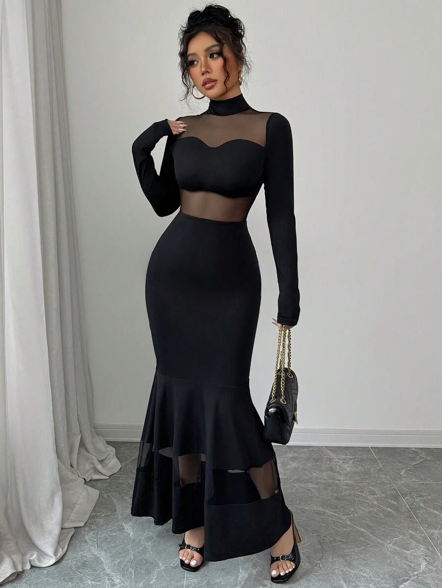 SHEIN Chiquease فستان شفاف بلون أسود بشبك مخملي