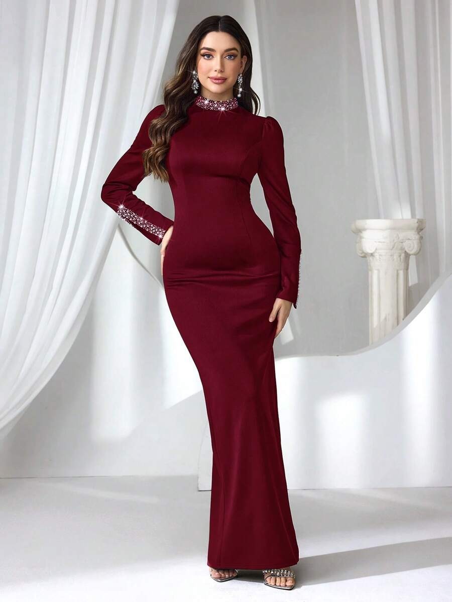 SHEIN Coutiva فستان سهرة ماكسي أنيق مرصع بالراين ستون والؤلؤ