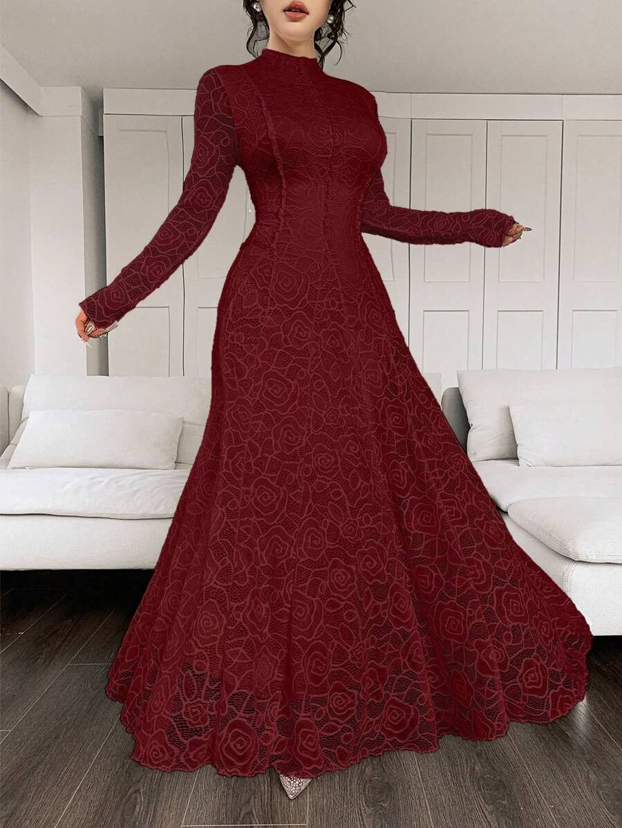 SHEIN Modelyn فستان عنابي طويل مرصع بالدانتيل