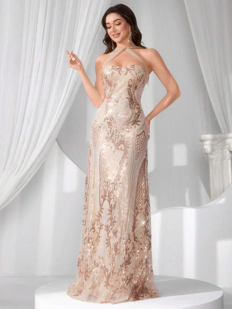 SHEIN Coutiva فستان ماكسي أنيق بلون مشمشي