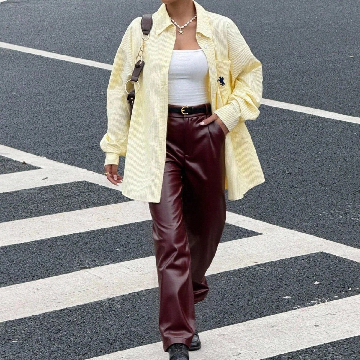 SHEIN Muchica بلوزة كاجوال فضفاضة وأنيقة بلون أصفر