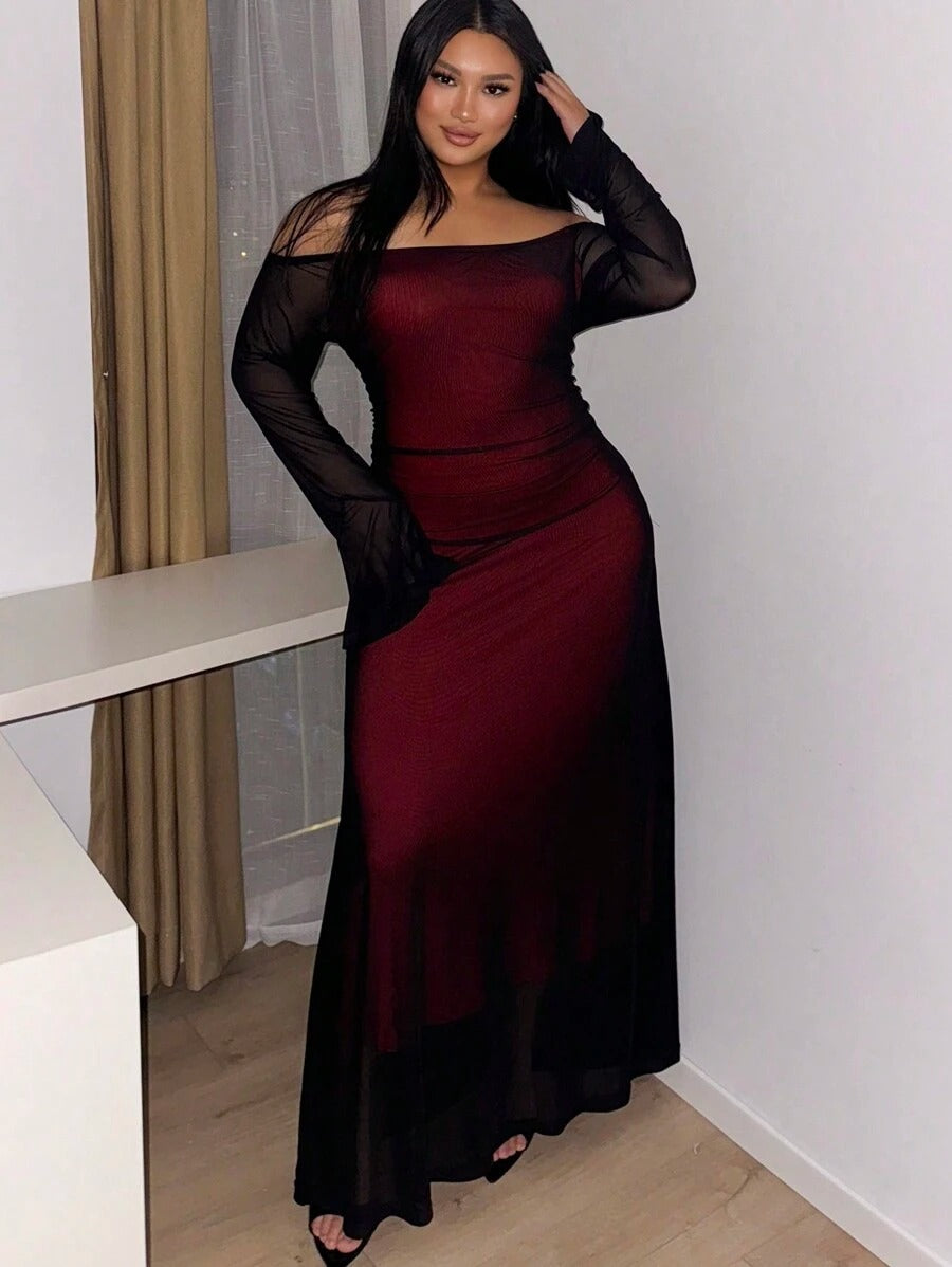 SHEIN فستان أنيق أحمر بطبقة شبكية على الكتف وأكمام طويلة