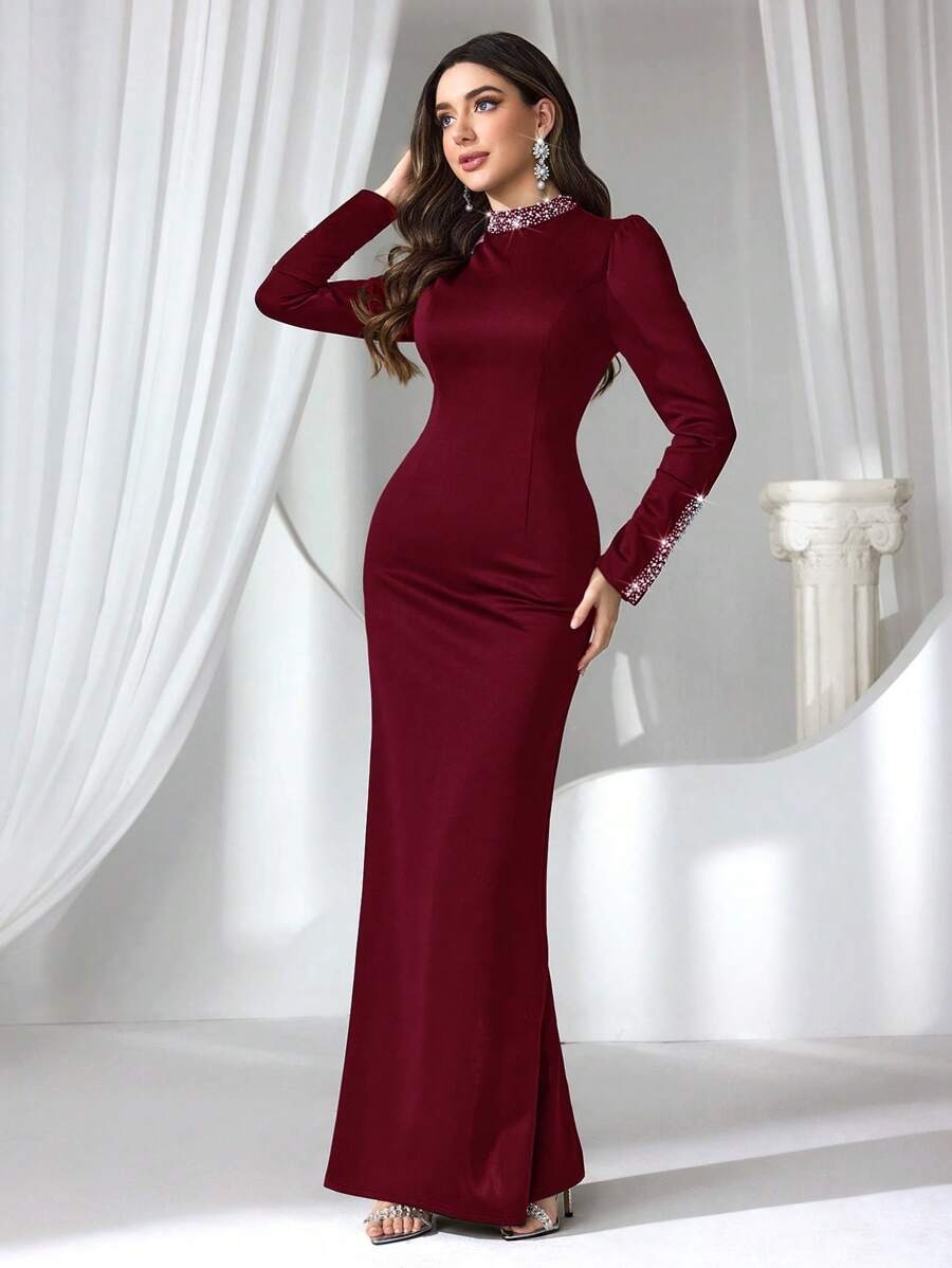 SHEIN Coutiva فستان سهرة ماكسي أنيق مرصع بالراين ستون والؤلؤ