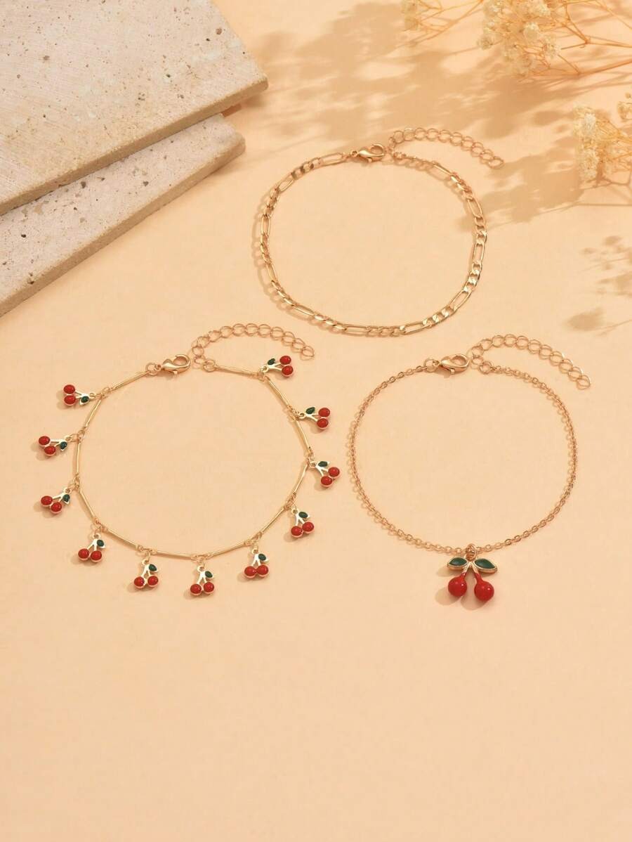 SHEIN طقم 3 أساور كاحل مزينة بتعليقات الكرز