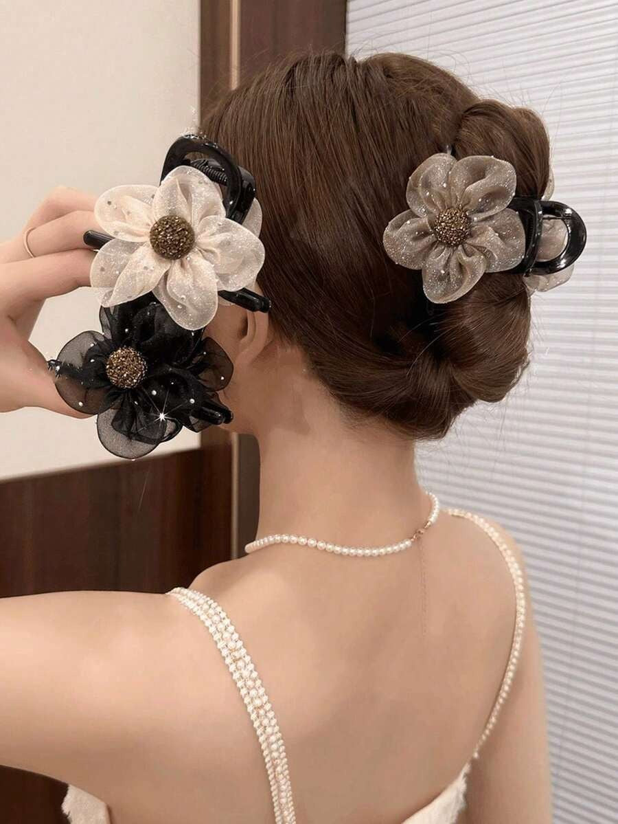 SHEIN مجموعة مشابك شعر أنيقة مزينة بالزهور والراين