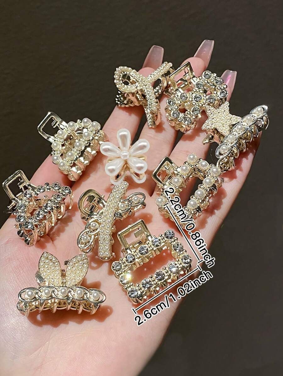 SHEIN مجموعة 10 قطع مشابك شعر معدنية مرصعة بالراين