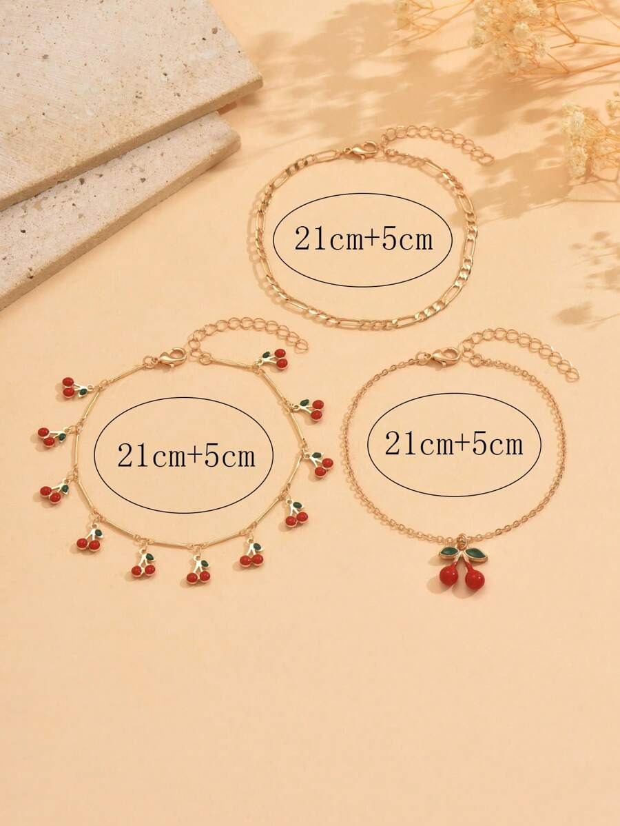 SHEIN طقم 3 أساور كاحل مزينة بتعليقات الكرز