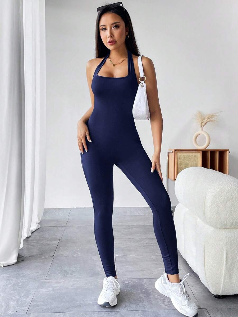 SHEIN PETITE جمبسوت ازرق بياقة مخصر وظهر مكشوف