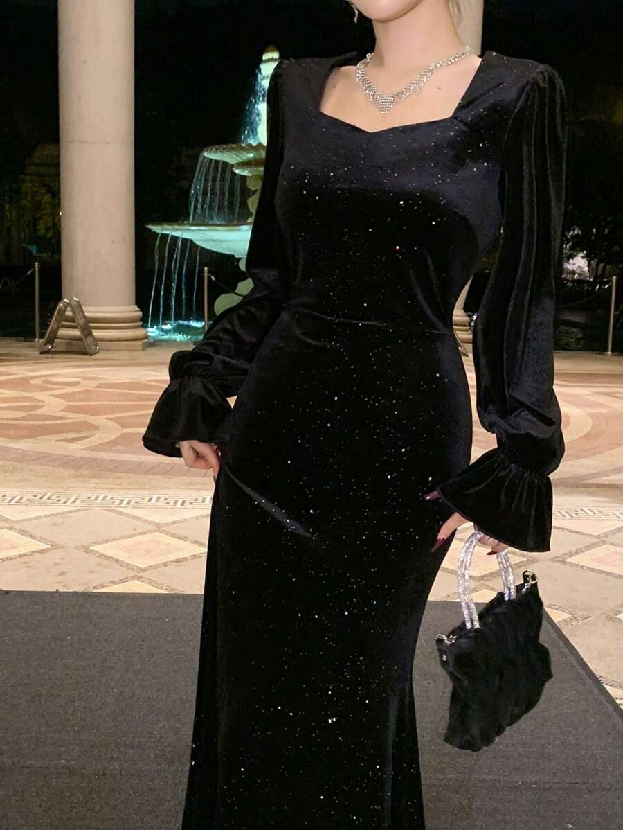 SHEIN DAZY فستان ضيق بطول متوسط أسود مزخرف بالترتر