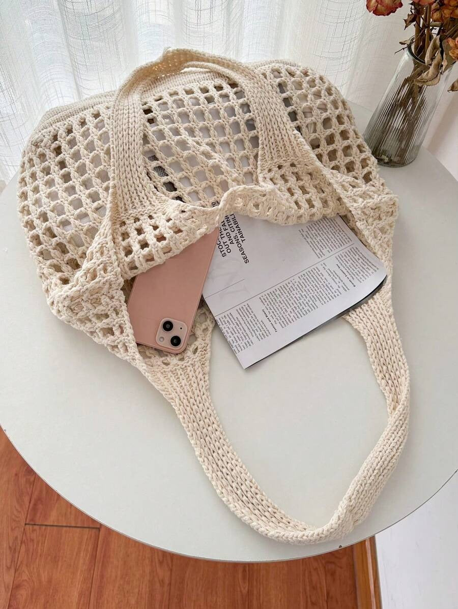SHEIN حقيبة كتف كروشيه واسعة وعملية بتصميم كاجوال لون بيج