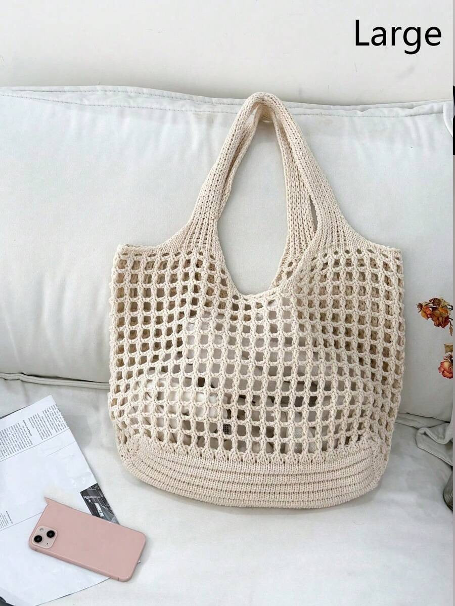 SHEIN حقيبة كتف كروشيه واسعة وعملية بتصميم كاجوال لون بيج