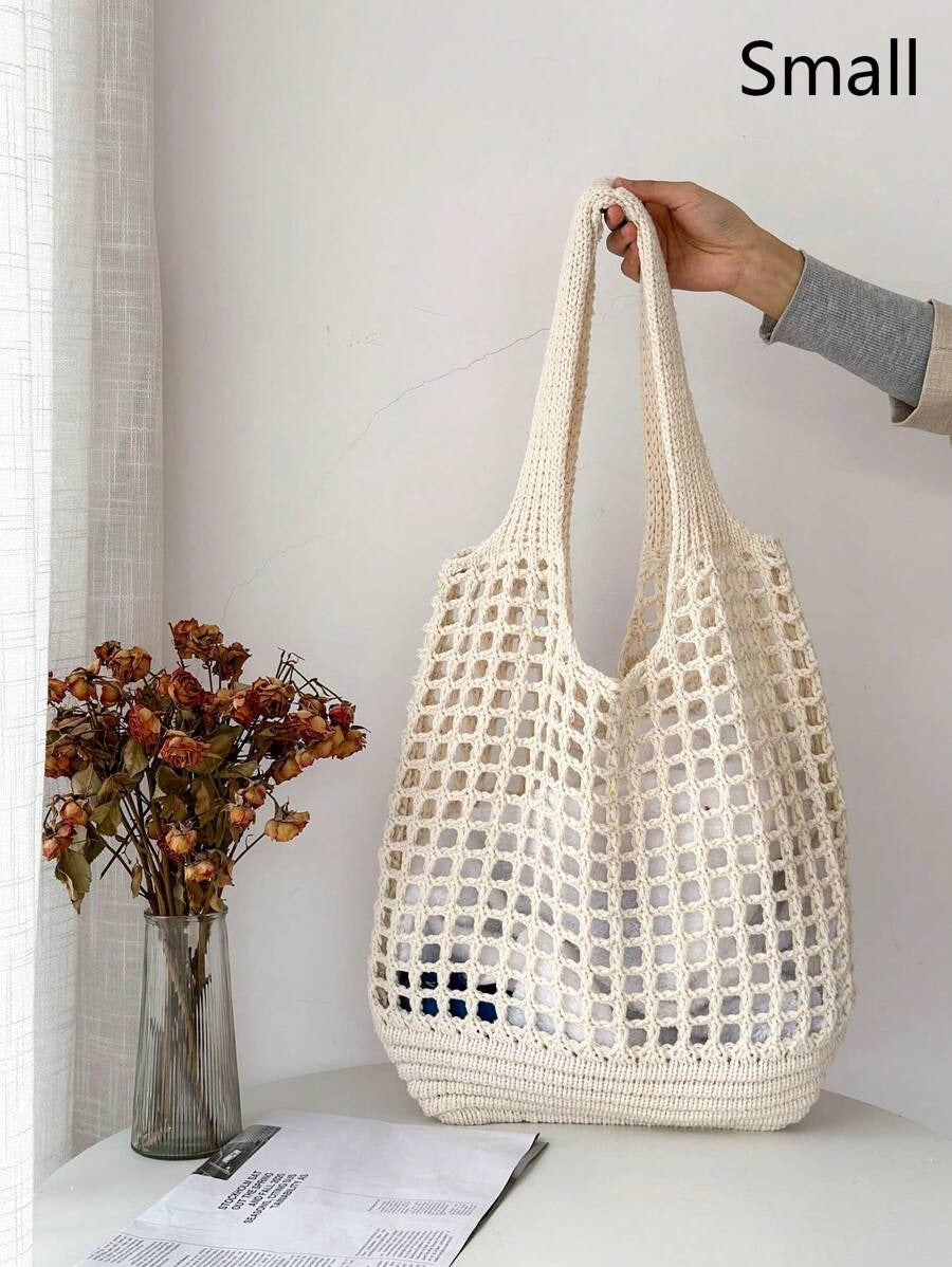 SHEIN حقيبة كتف كروشيه واسعة وعملية بتصميم كاجوال لون بيج