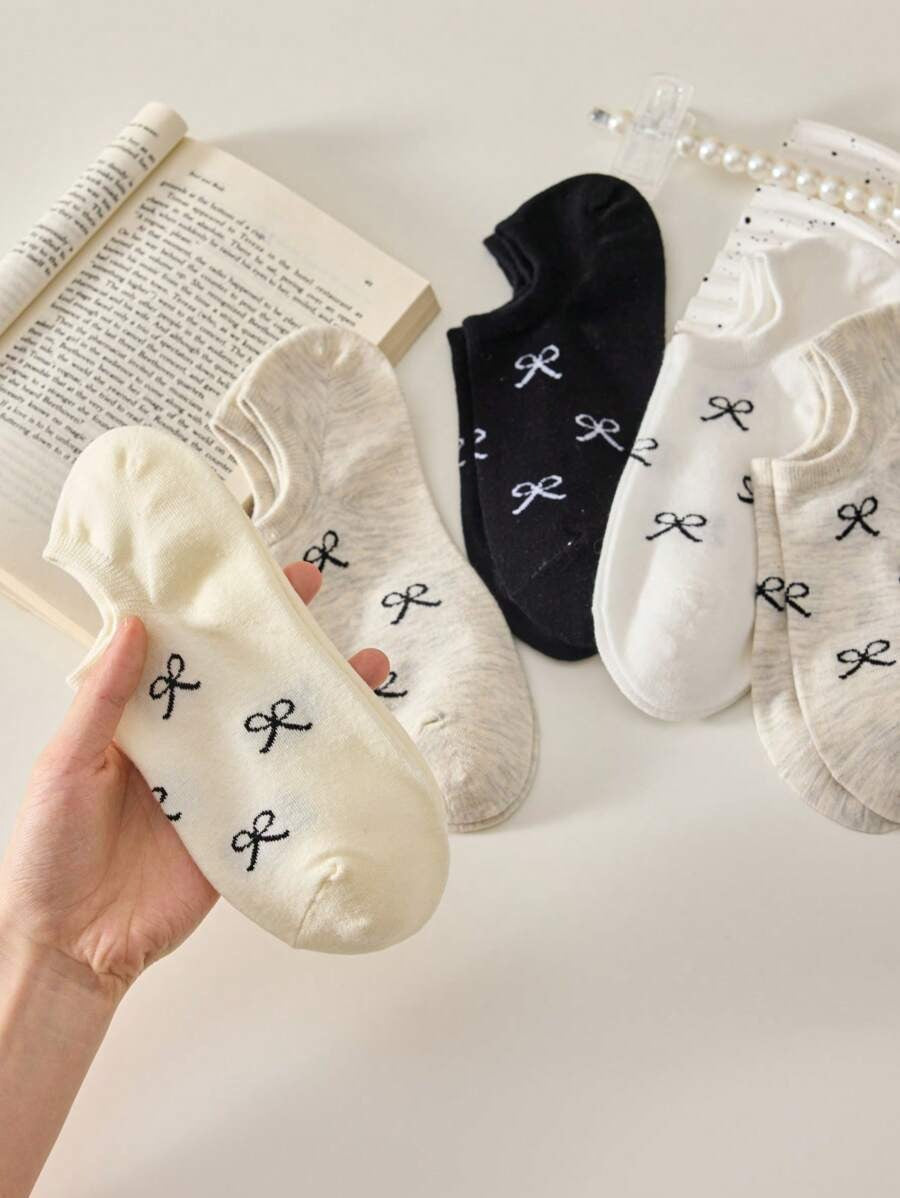 SHEIN جوارب نسائية 5 أزواج قارب مزينة بعقدة فراشة