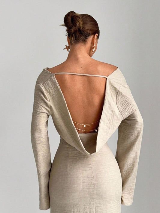 SHEIN Siren Gaze فستان مطوي مجعد الخصر بدون ظهر بلون مشمشي