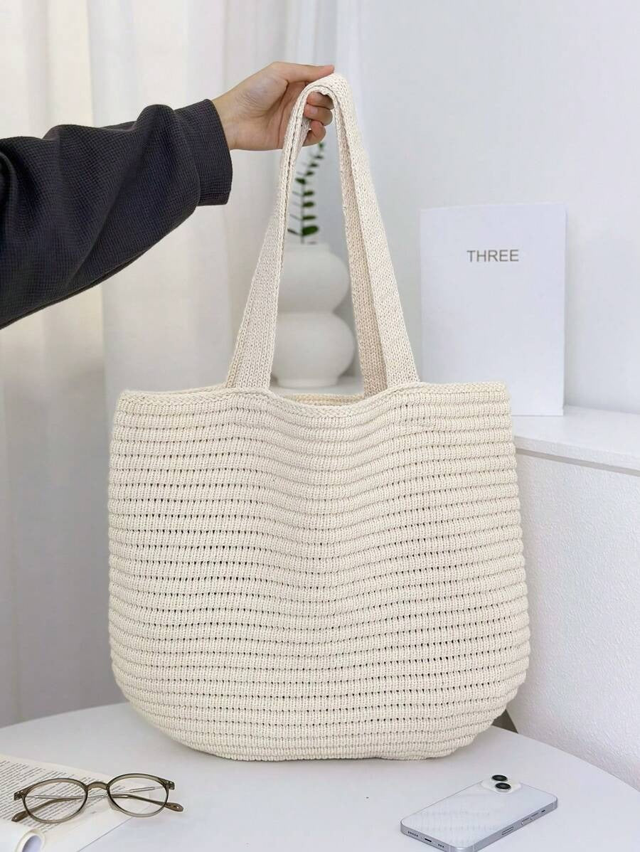 SHEIN حقيبة كتف كروشيه واسعة وعملية بتصميم كاجوال لون بيج