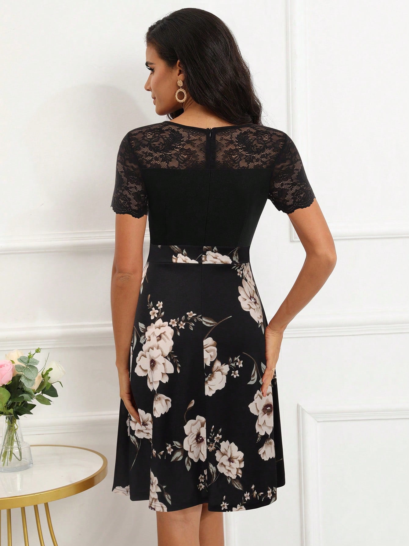 Floral Print Contrast Lace A-Line Dress