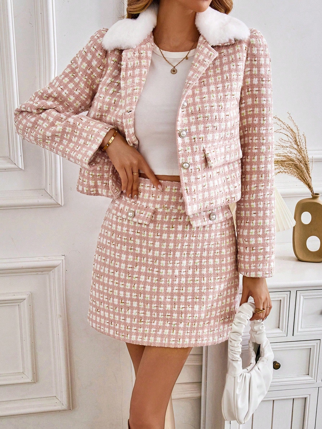 SHEIN Privé Plaid Print Borg Collar Jacket & Skirt