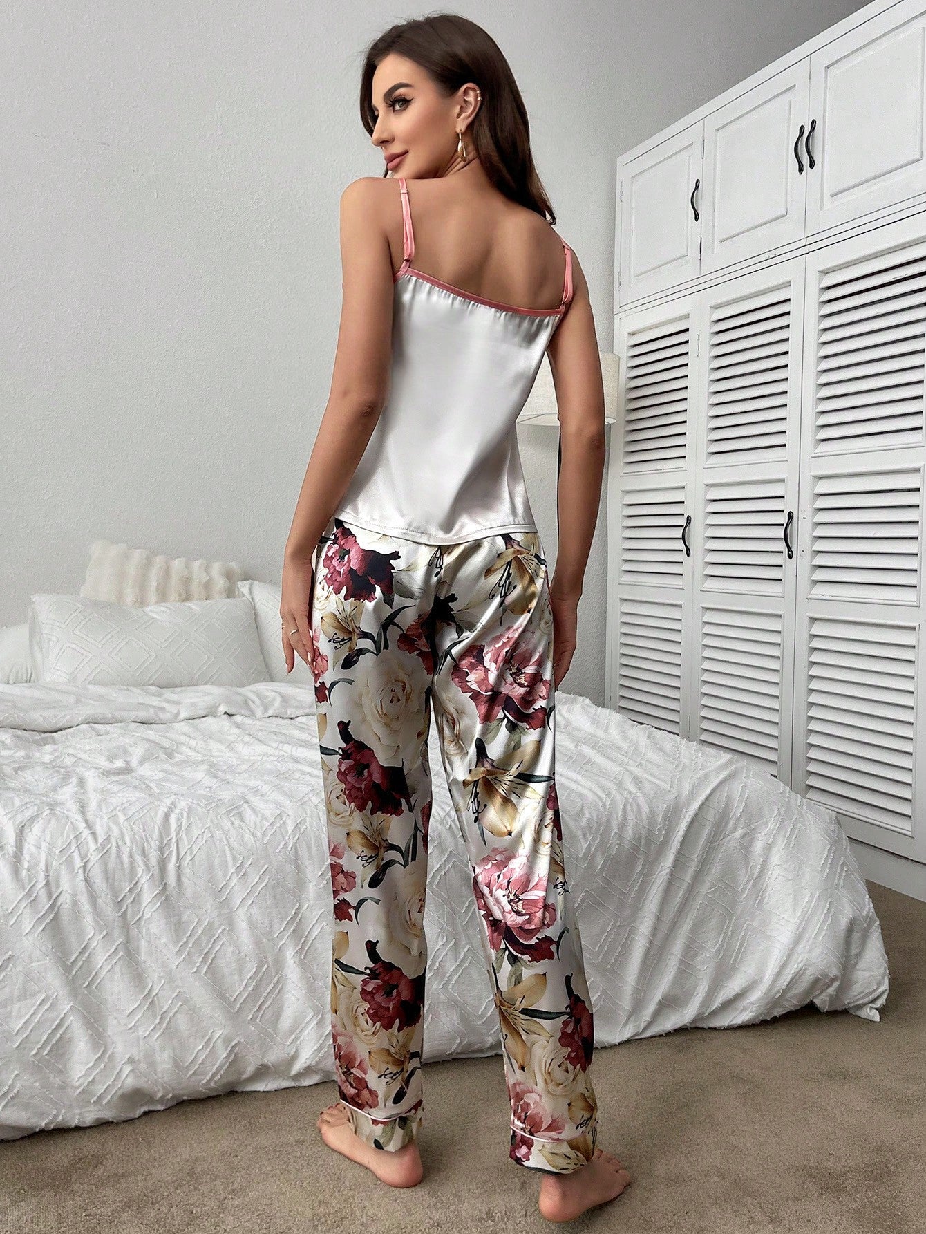 Floral Print Satin Cami Top & Pants PJ Set