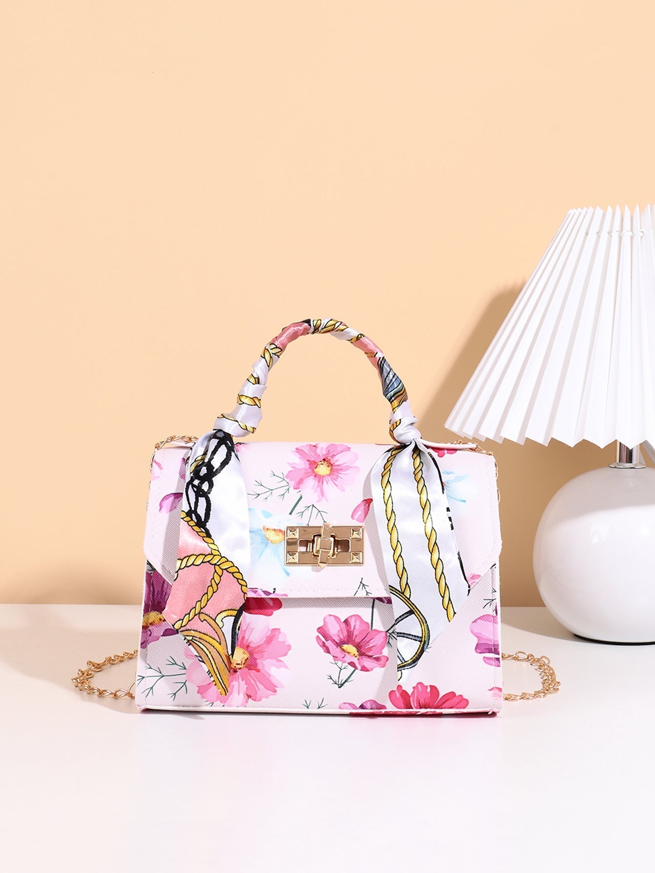 Silk Scarf Accessory Chain Embossed Pu Leather Floral Printed Handbag