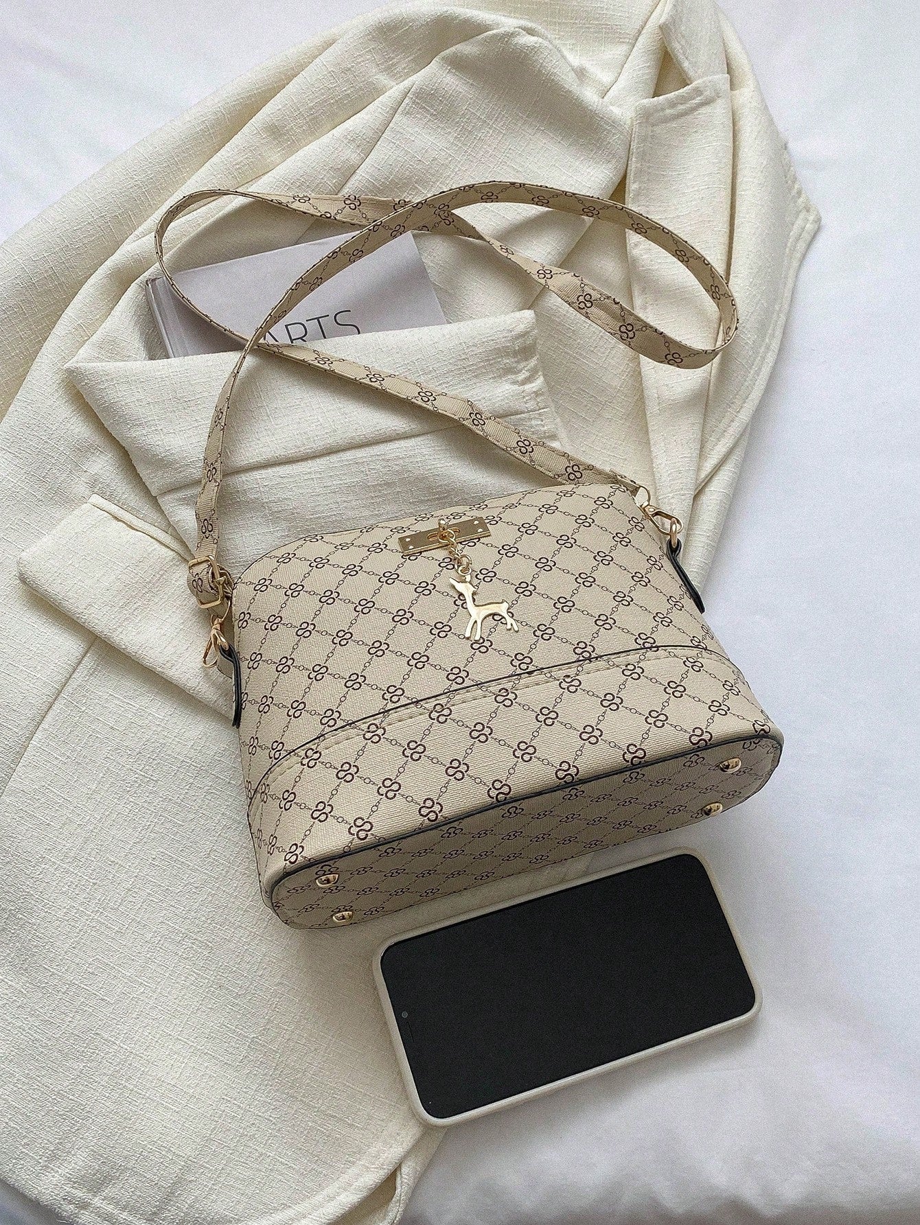 Small Dome Bag Elegant Geometric Pattern Deer Charm Zipper Adjustable Strap