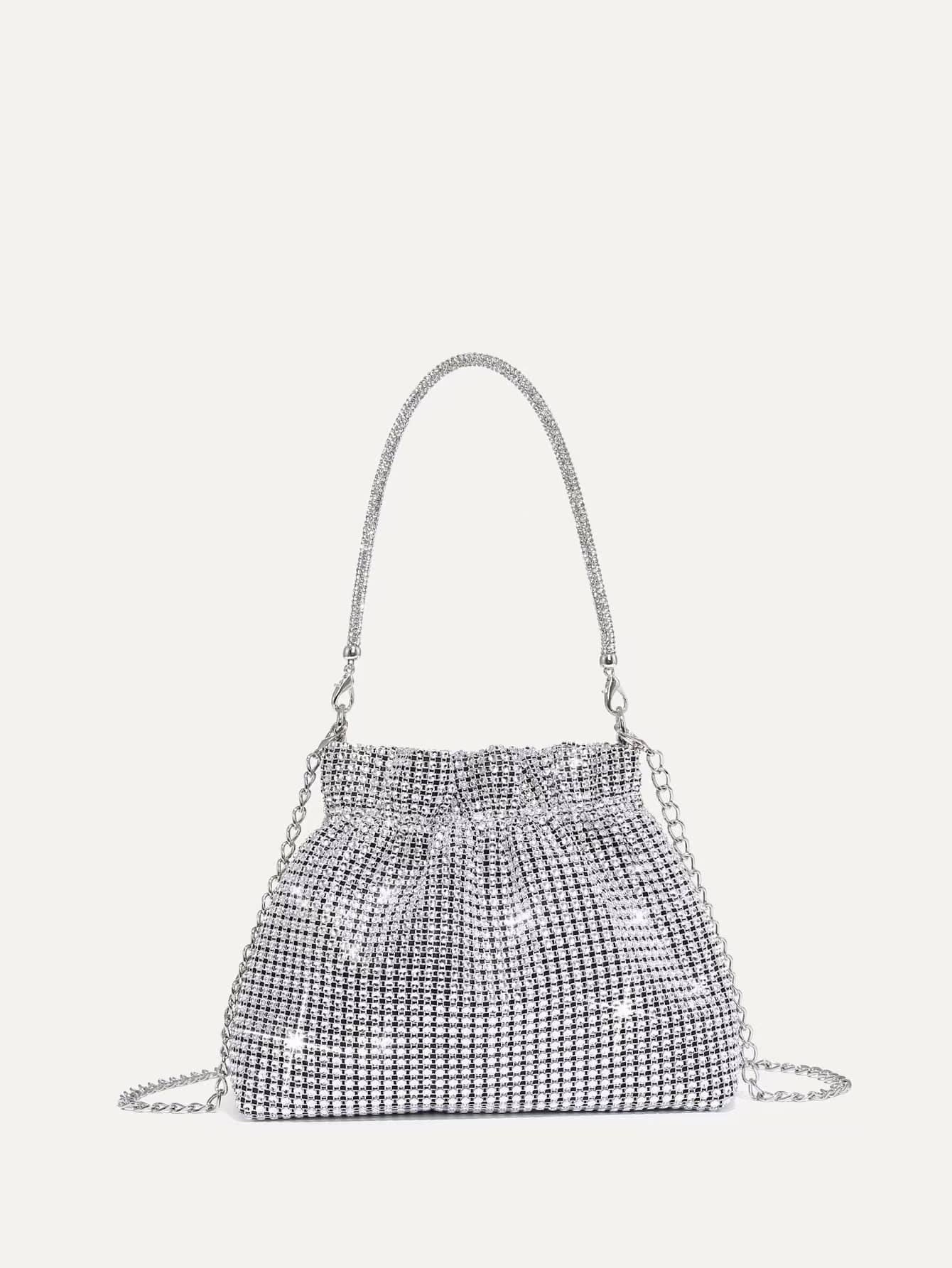 Shiny Mini Rhinestone Decor Ruched Bag Evening Bag, Dinner Bag for Party Girl