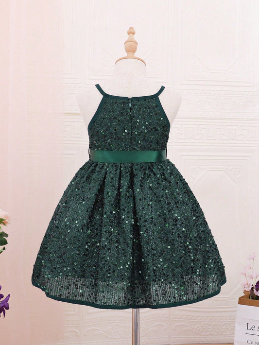 SHEIN Kids CHARMNG Little Girls' Sequin Patchwork Halterneck Dress