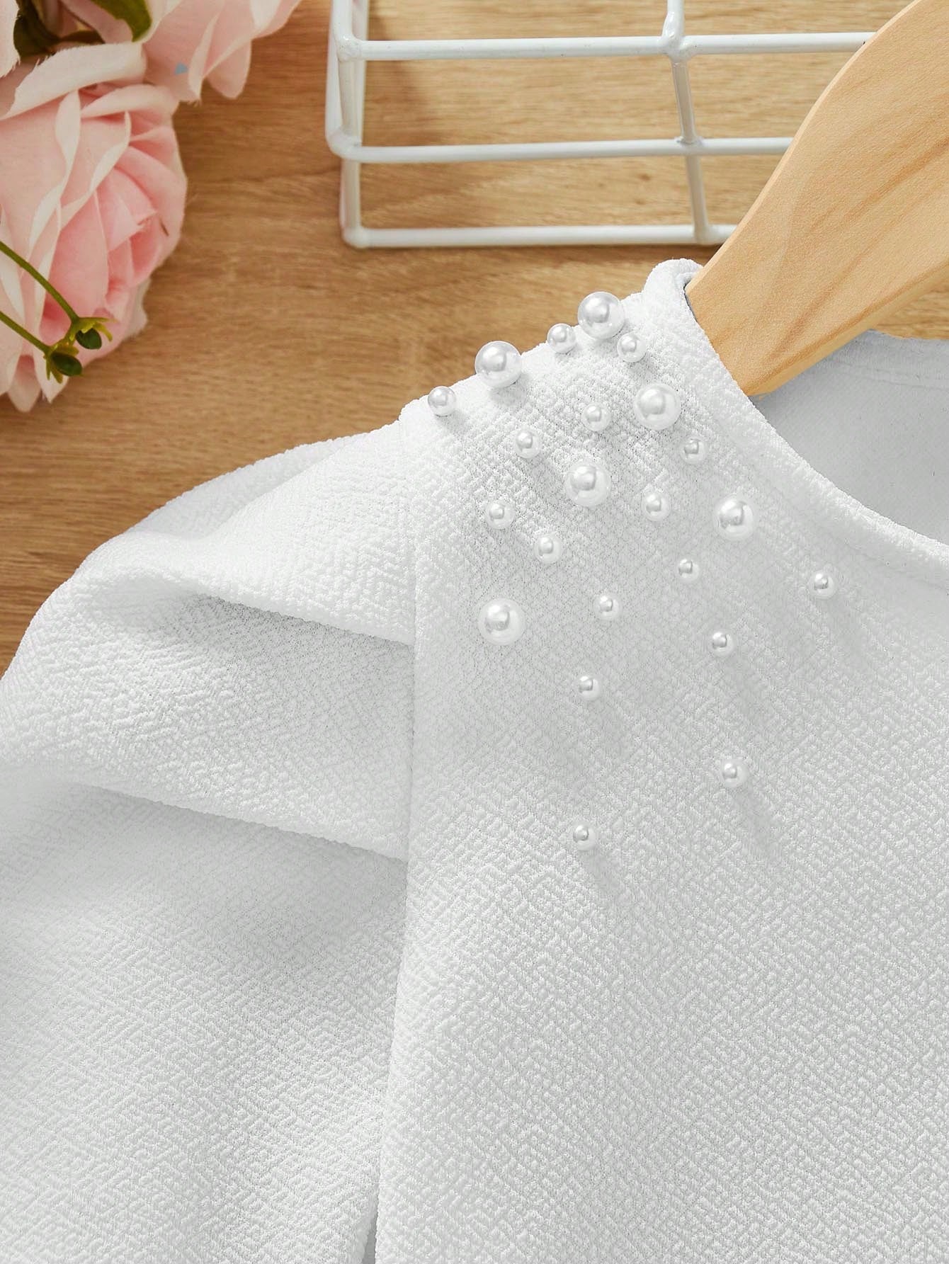 SHEIN Young Girl Pearls Beaded Detail Puff Sleeve Jacket