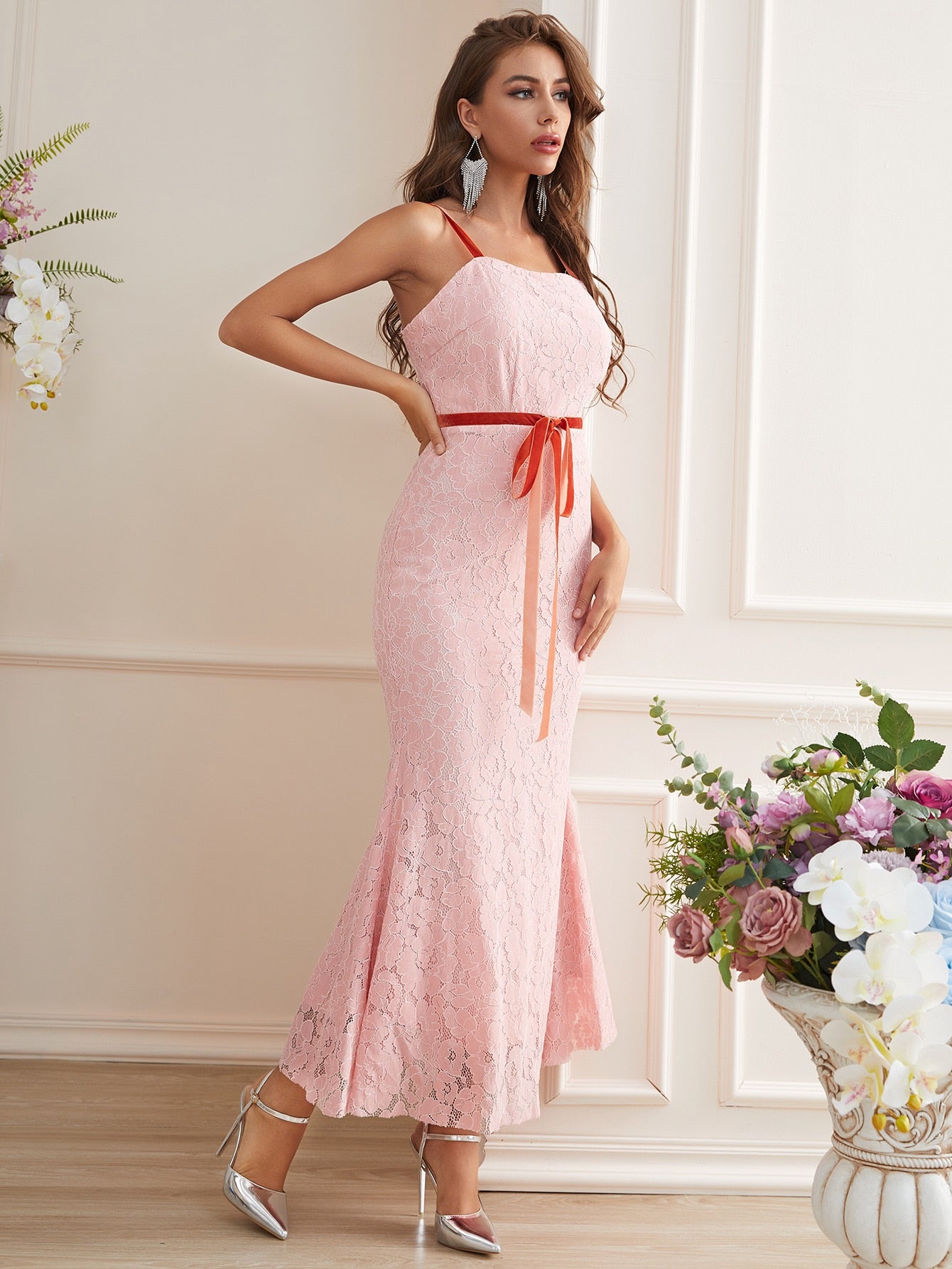 SHEIN Belle Tie Front Mermaid Hem Lace Dress