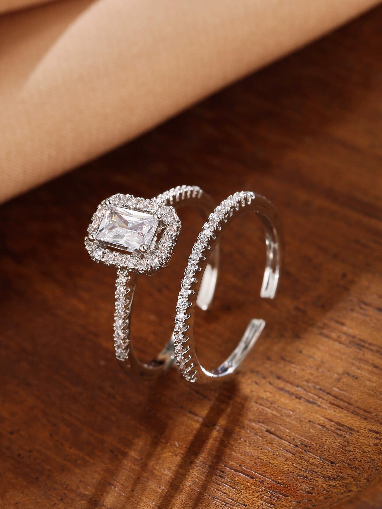 2Pcs Cubic Zirconia Decor Cuff Ring Copper Jewelry