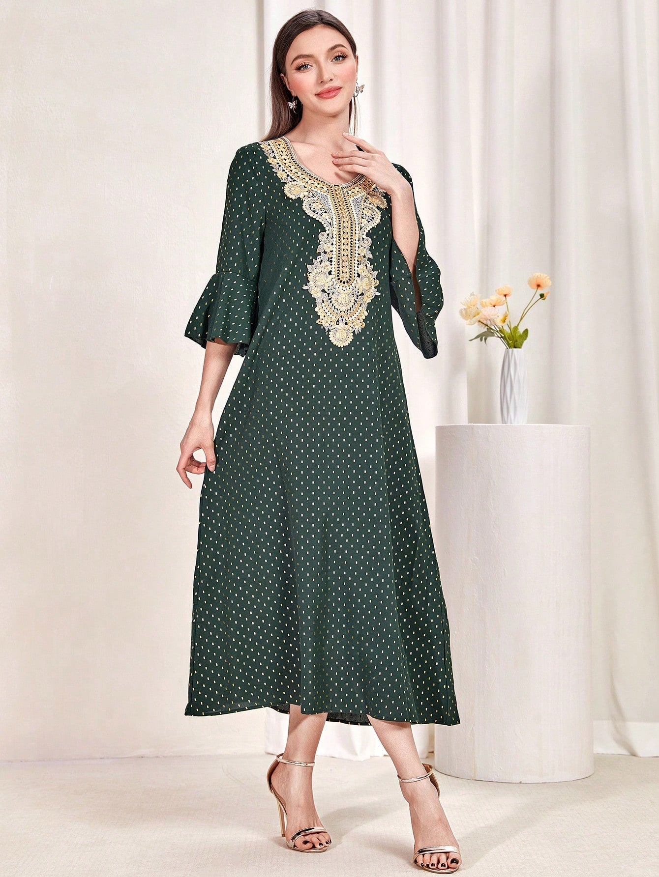 SHEIN Najma Appliques Flare Sleeve Dress